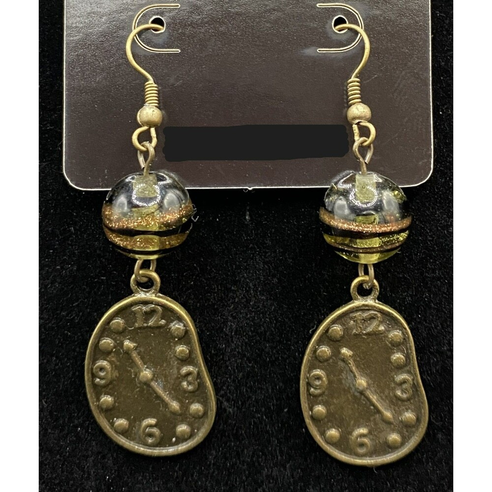 Handmade Bronze Tone Clock & Green Black Gold Glass Bead Earrings by Neanie-Bot